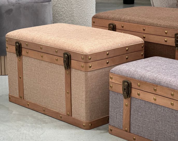 Pouf contenitore in serie di tre in mdf e tessuto